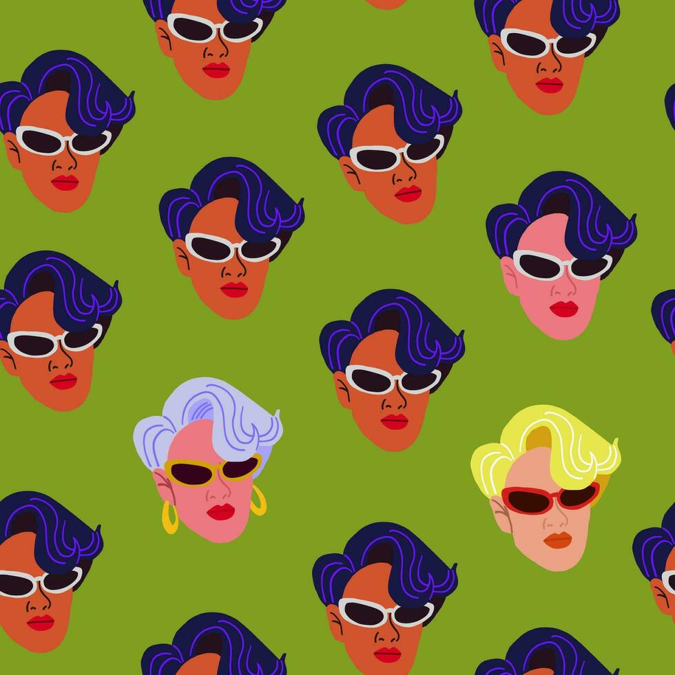 Vector seamless pattern with stylish woman in glasses with colorful hair. Fashion woman face pattern on green