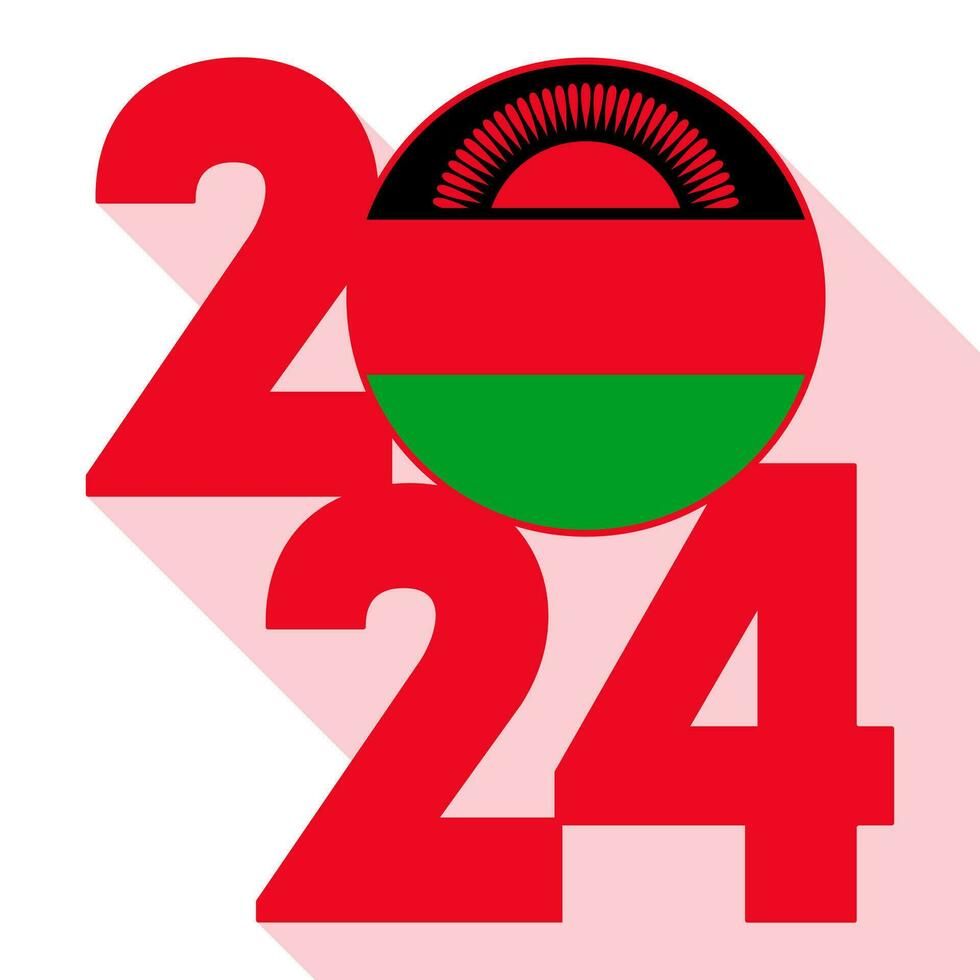 Happy New Year 2024, long shadow banner with Malawi flag inside. Vector illustration.