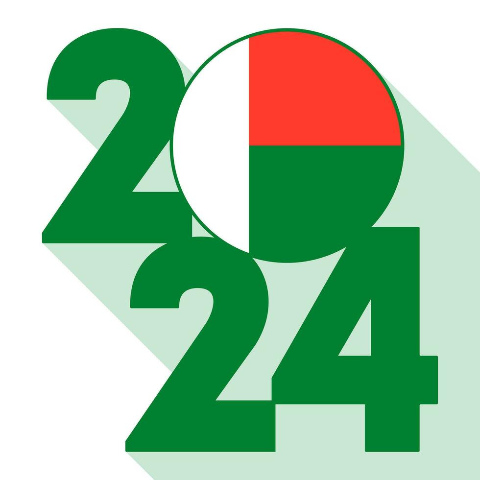 Happy New Year 2024, long shadow banner with Madagascar flag inside. Vector illustration.