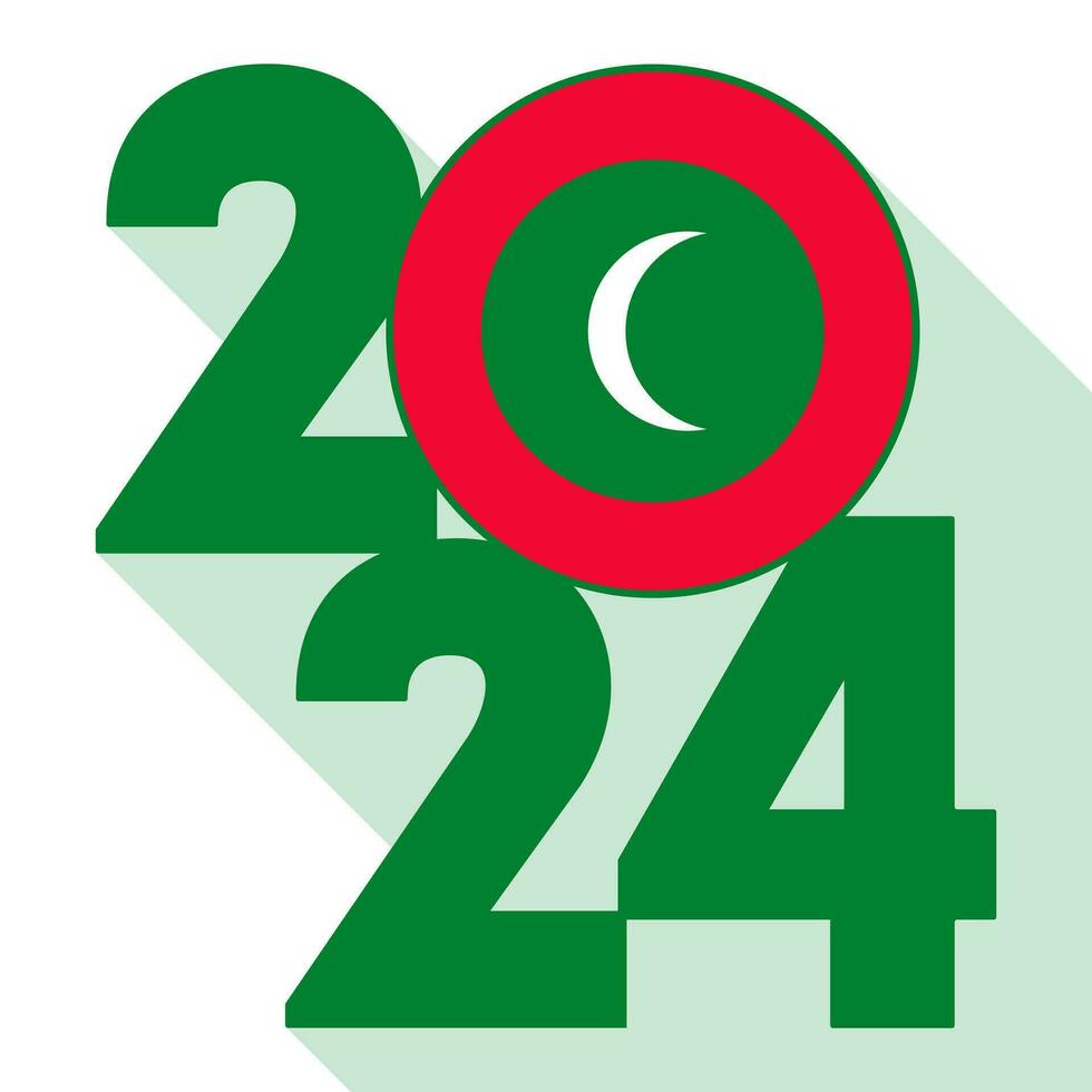 Happy New Year 2024, long shadow banner with Maldives flag inside. Vector illustration.