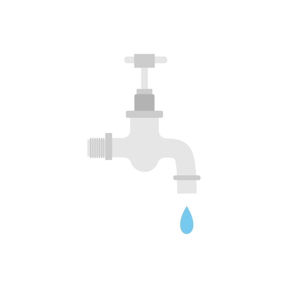 Dripping water tap flat design vector illustration. Vector dark grey icon isolated on white background. Save water earth resources ecological concept for environmental.