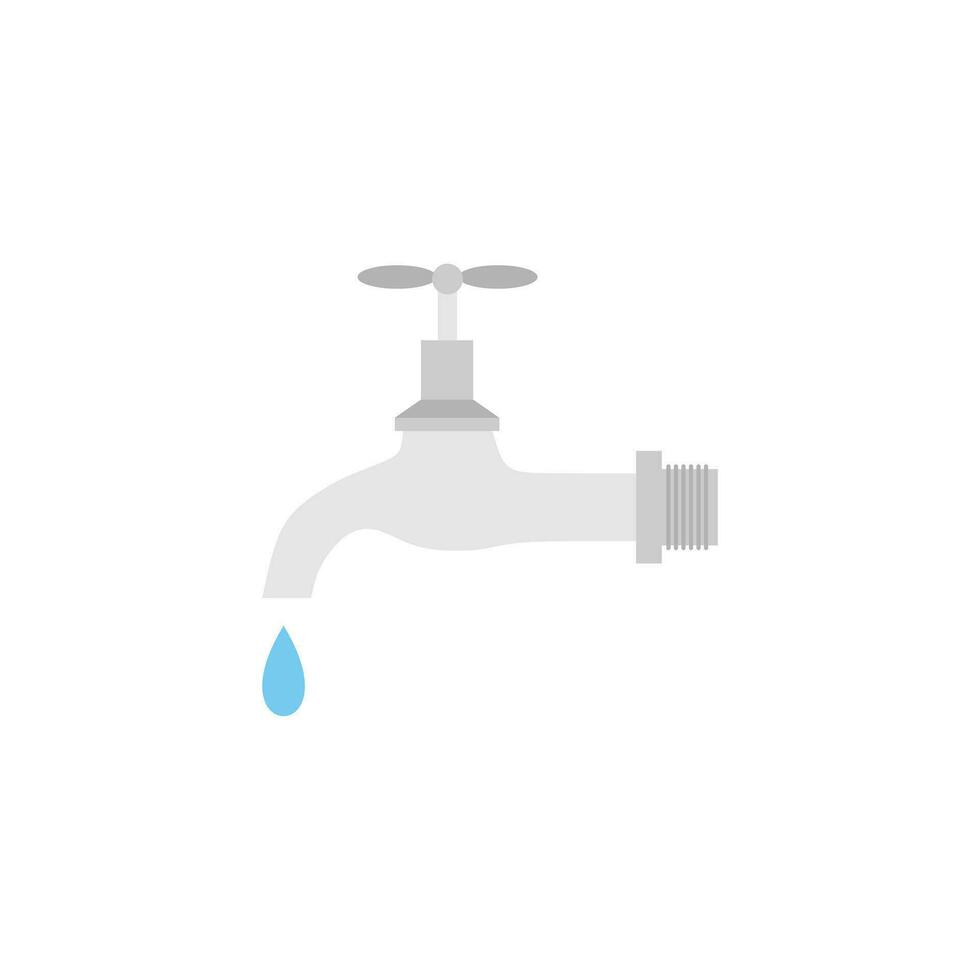 Dripping water tap flat design vector illustration. Vector dark grey icon isolated on white background. Save water earth resources ecological concept for environmental.