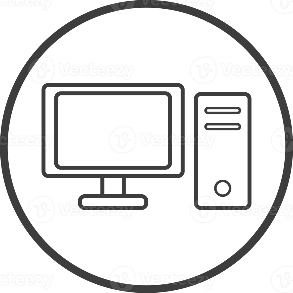 Computer icon in thin line black circle frames. png