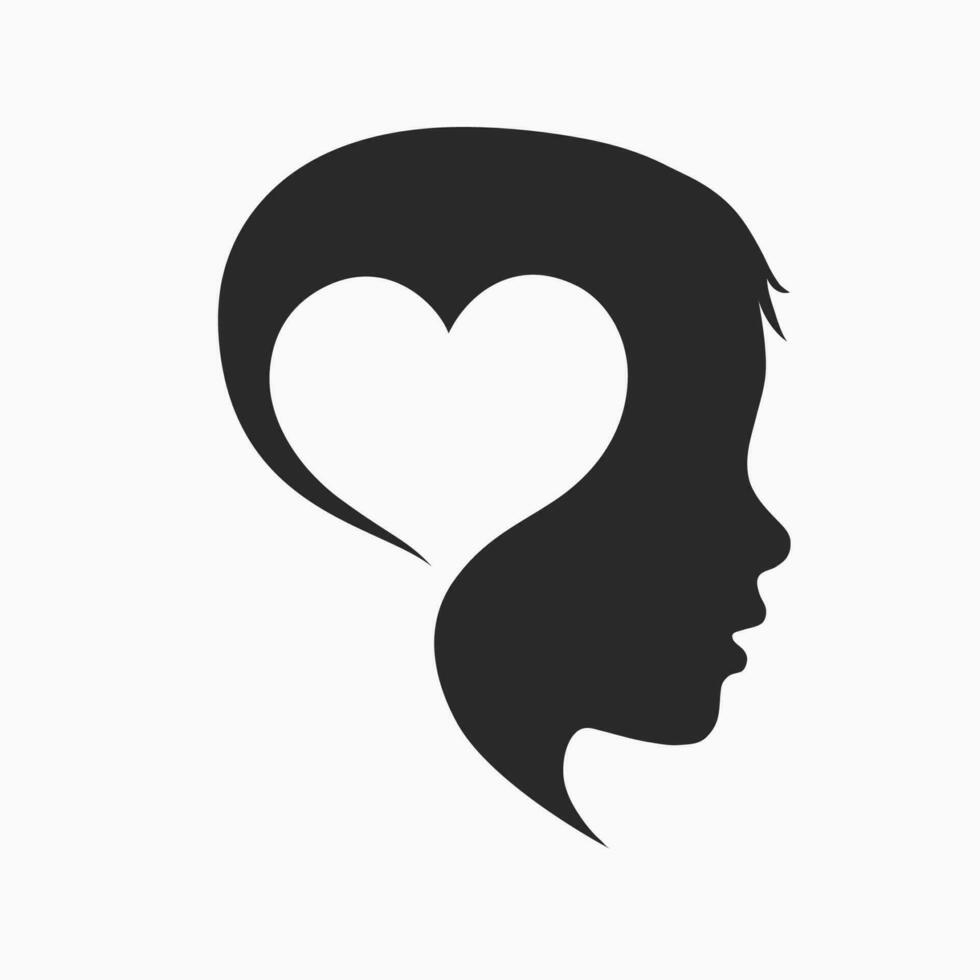 vector silueta icono diseño para logotipos combinatorio niño cara y corazón forma. psicología y cuidado de niños concepto. vector silueta icono diseño con corazón forma.