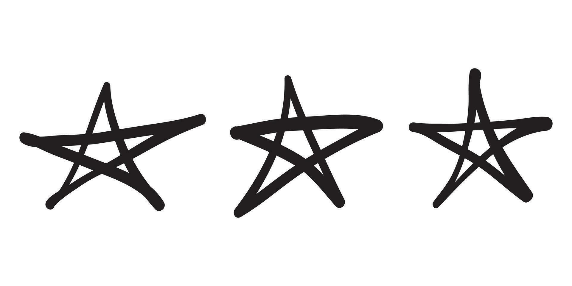 Set of black hand drawn doodle stars in isolated on white background. vector