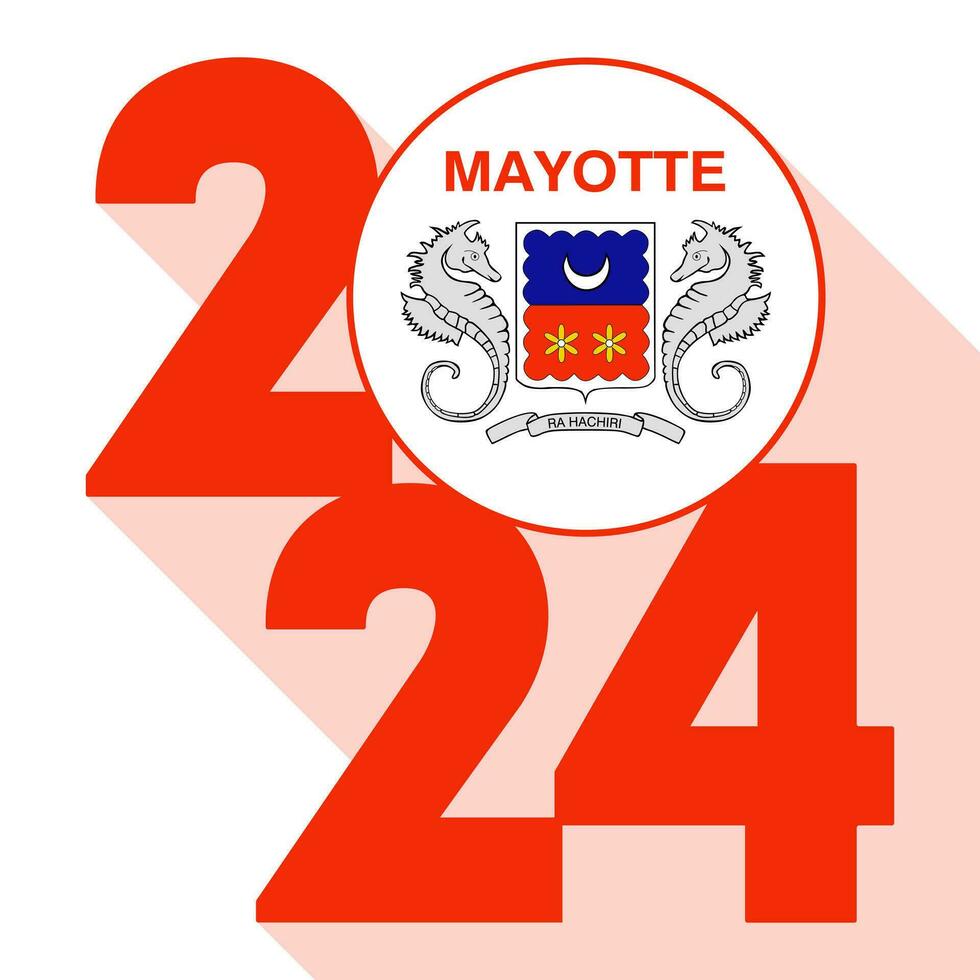 Happy New Year 2024, long shadow banner with Mayotte flag inside. Vector illustration.