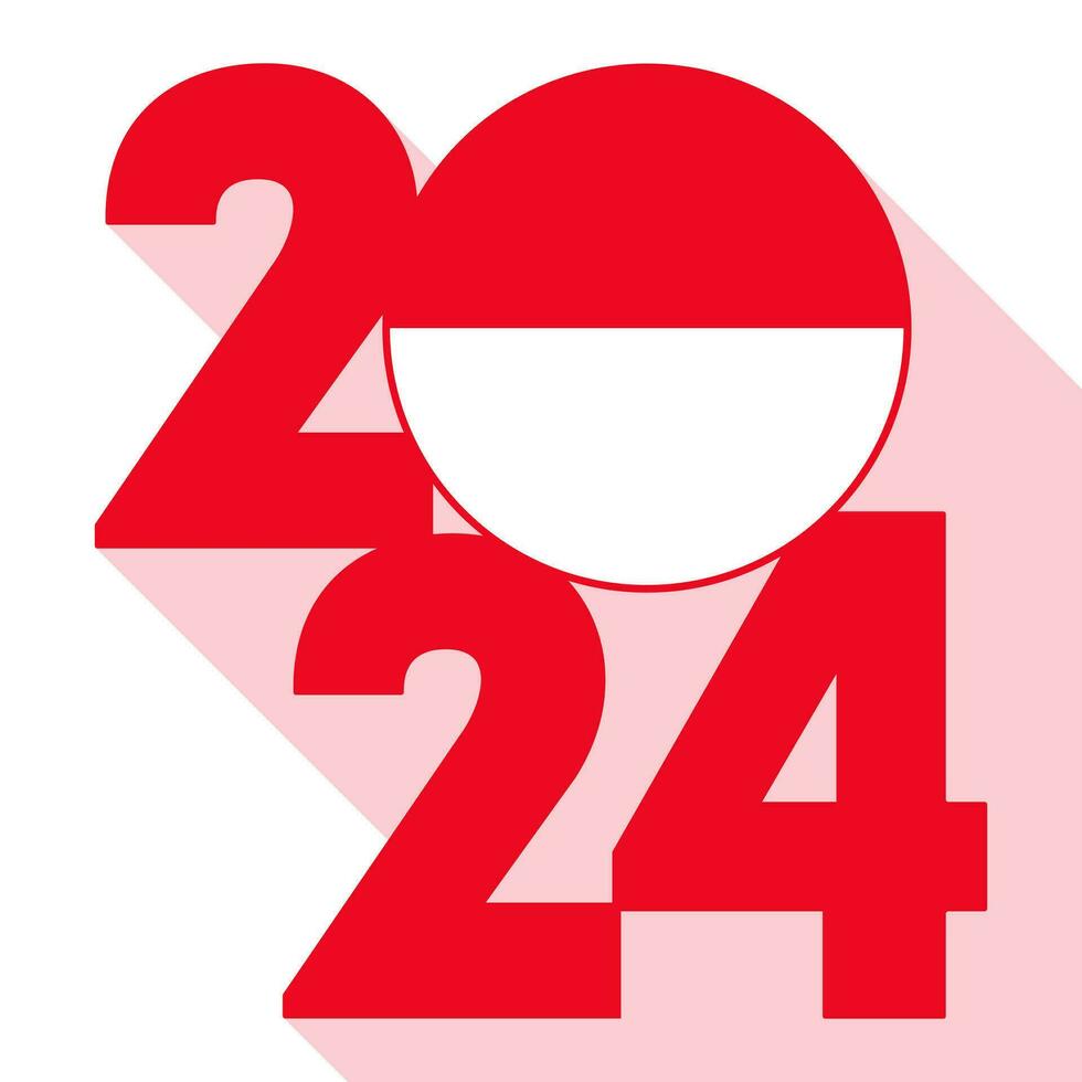 Happy New Year 2024, long shadow banner with Monaco flag inside. Vector illustration.