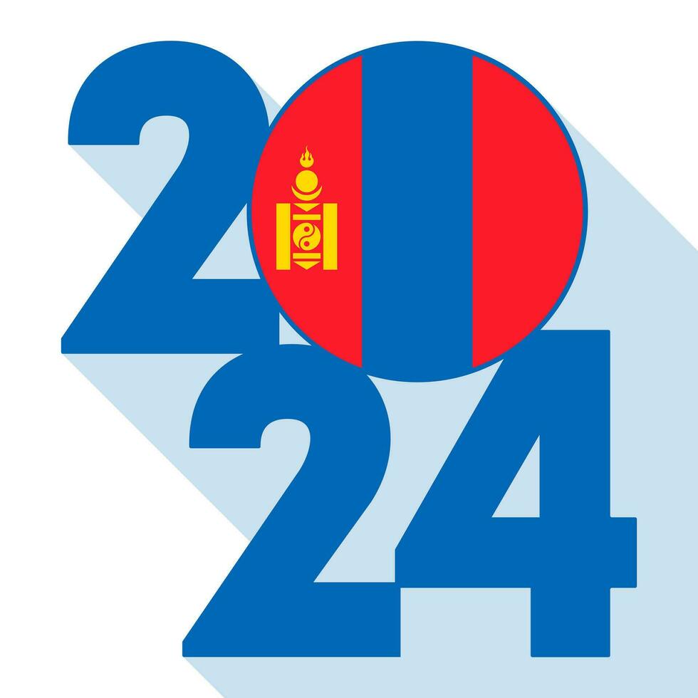 Happy New Year 2024, long shadow banner with Mongolia flag inside. Vector illustration.