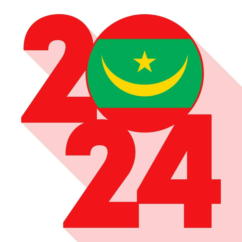 Happy New Year 2024, long shadow banner with Mauritania flag inside. Vector illustration.