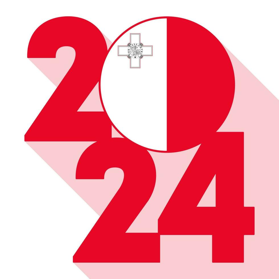 Happy New Year 2024, long shadow banner with Malta flag inside. Vector illustration.
