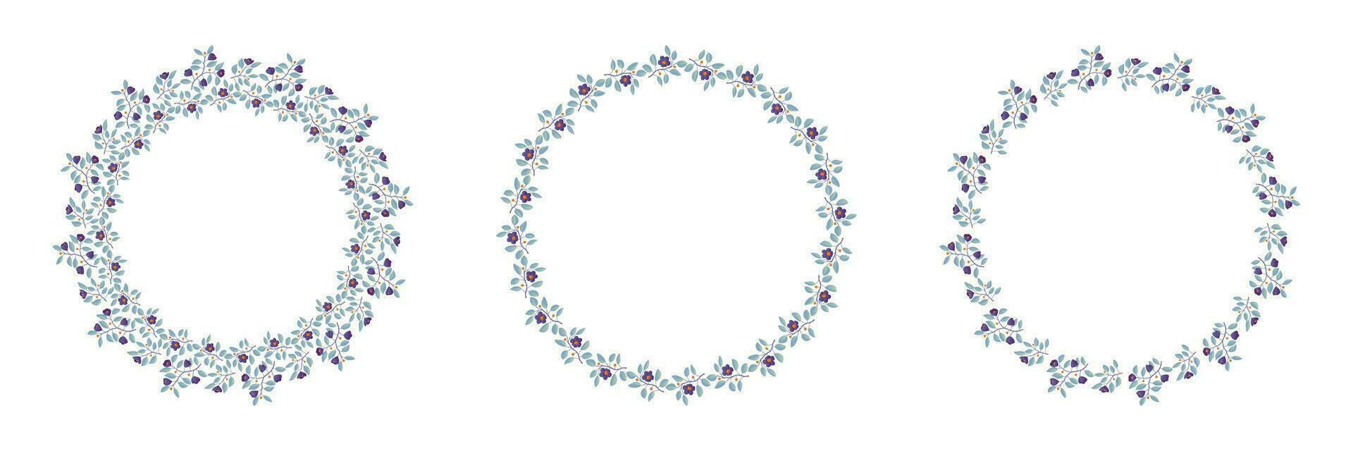 Set of floral isolated vector wreaths, branches with teal leaves and purple flowers on white. Vector illustration, design for poster, banner, invitation, book, fashion fabric, wrapping.