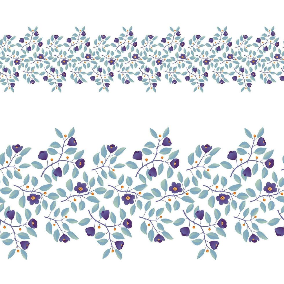 Floral border, branches with teal leaves and purple flowers on white. Vector illustration, design for poster, banner, invitation, book, fashion fabric, wrapping.