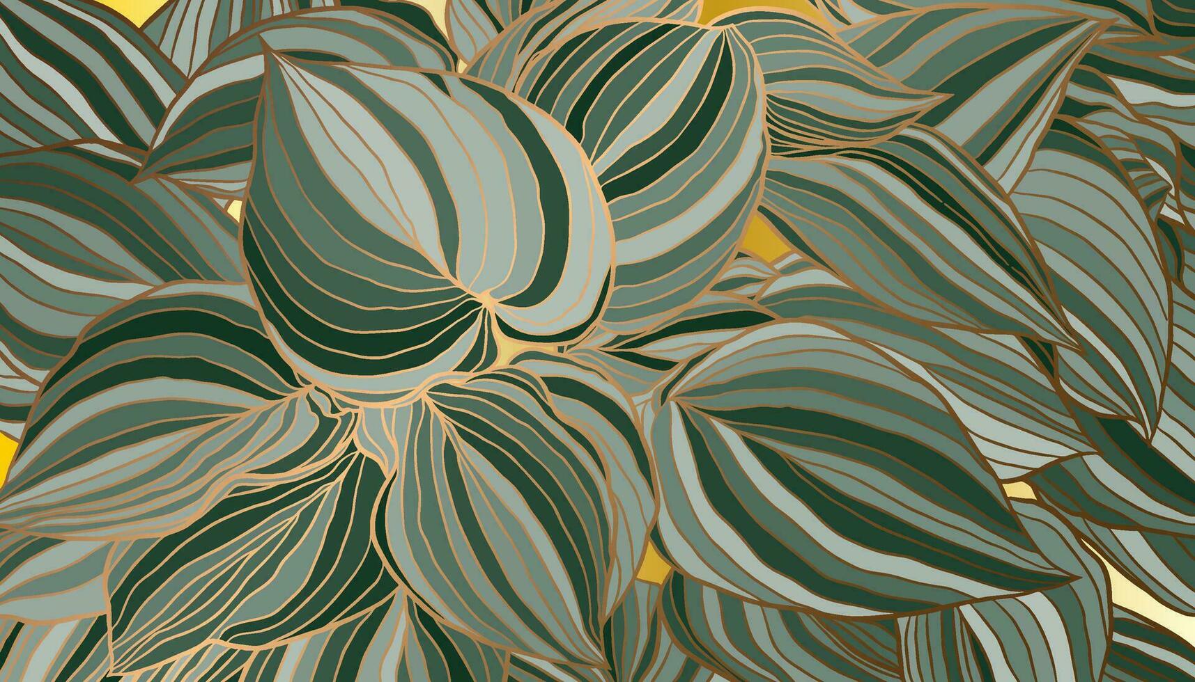 dibujado a mano blanco y verde a rayas hosta hojas con cobre metálico contorno antecedentes vector. lujo Arte deco fondo de pantalla diseño para imprimir, póster, cubrir, bandera, tela, envase. vector