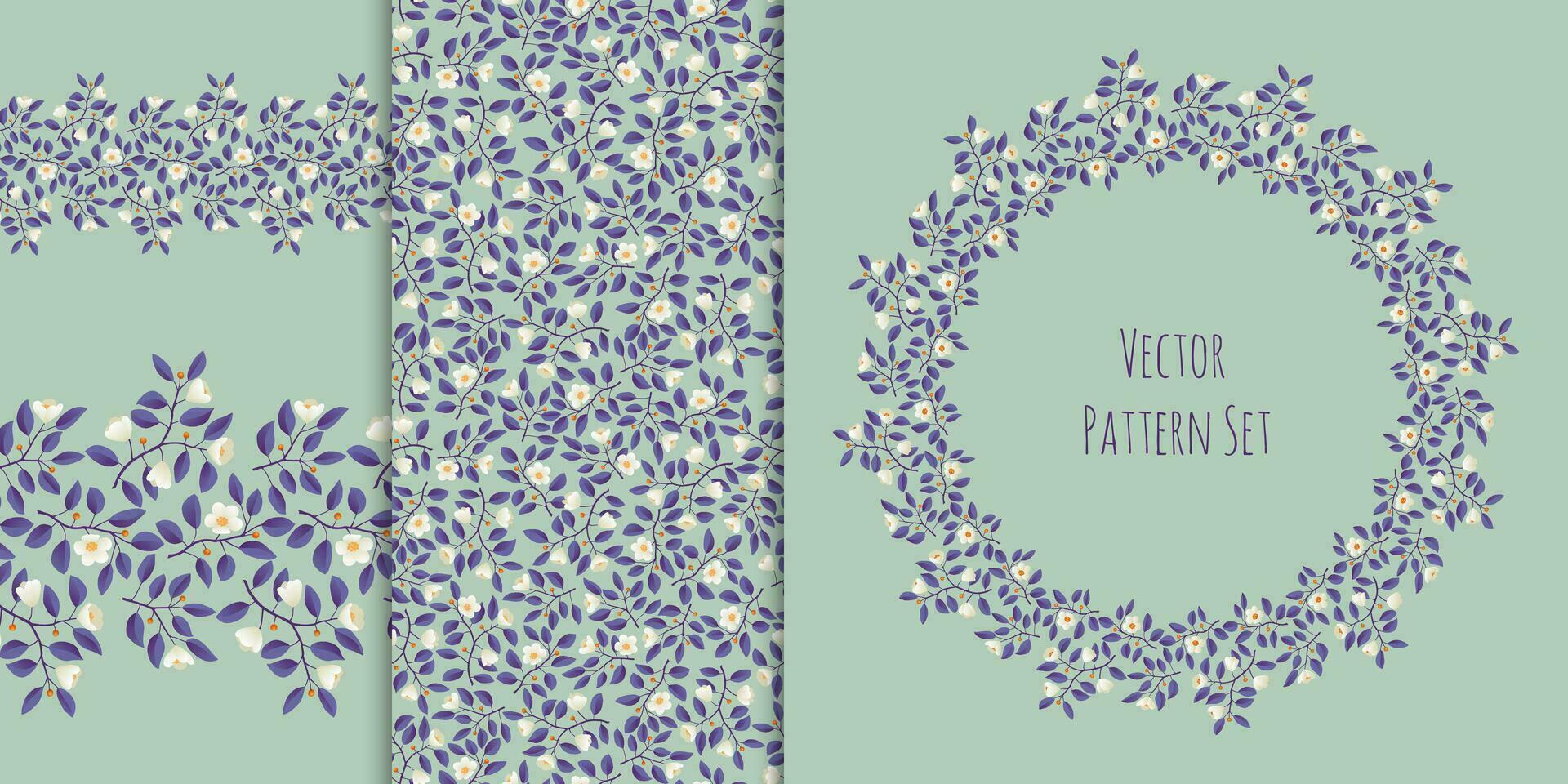 Set of floral backgrounds - seamless border, pattern, wreath, purple leaves and cream flowers on pistachio background. Vector illustration, design for wallpaper, textile, fabric, wrapping, packaging