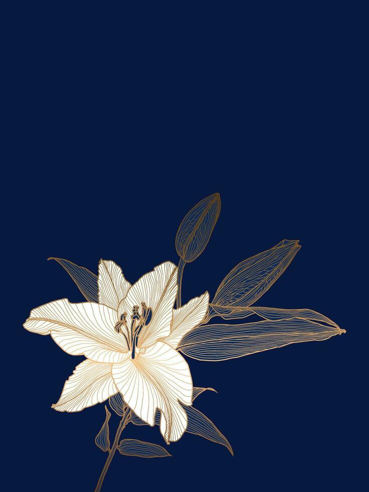 Gold metallic lily flower linear drawing with white flower head on deep blue. Vertical format with free space for text. Design for print, poster, cover, banner, fabric, invitation, postcard, packaging vector