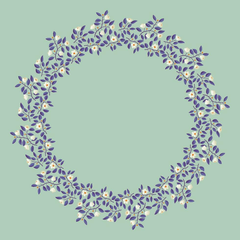 Floral wreath, branches with purple leaves and light cream flowers on pistachio background. Vector illustration, design for poster, banner, invitation, book, fashion fabric, wrapping.