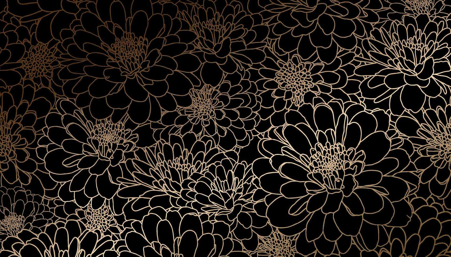 Golden chrysanthemum flowers in hand drawn line art on black background. Decorative print for wallpapers, wrappings, wedding invitations, greetings, backdrops. vector