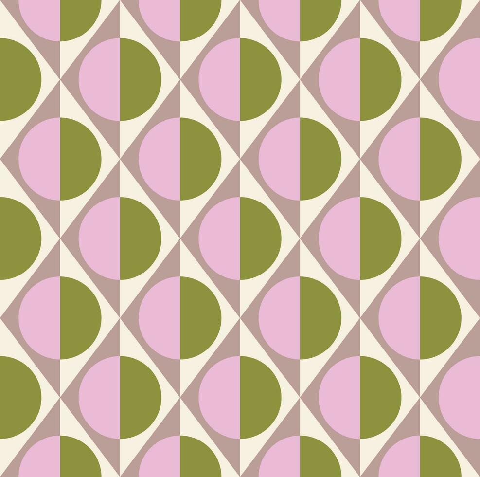 Simple geometric seamless pattern of rhombuses, triangles and circles in taupe, pink, cream and green colors. Vector illustration for fashion design, wallpaper, textile, fabric, wrapping paper.