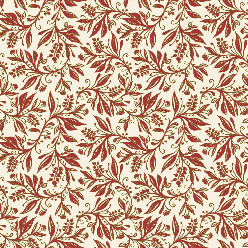 Floral seamless pattern with leaves and berries in wine red, green and cream colors, hand-drawn and digitized. Design for wallpaper, textile, fabric, wrapping, background. vector