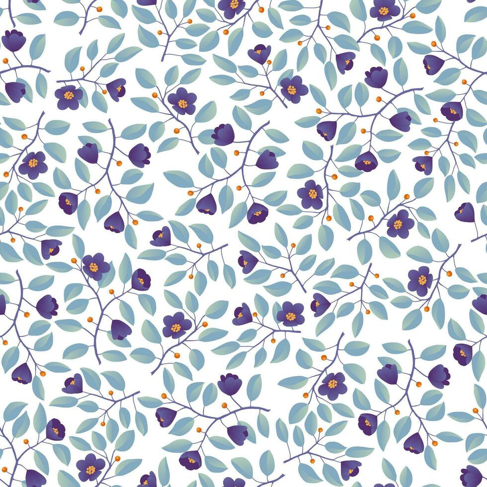 Floral background - seamless pattern, branches with teal leaves and purple flowers on white. Vector illustration, design for wallpaper, textile, fabric, wrapping.