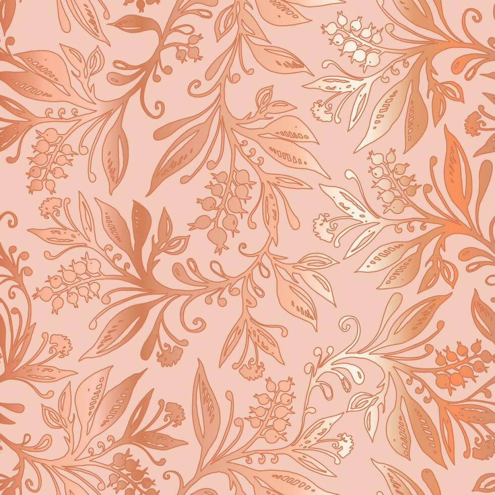 Floral seamless pattern with abstract leaves and berries in coral colors with metallic gradient. Design for wallpapers, wrappings, textiles, fabrics. vector