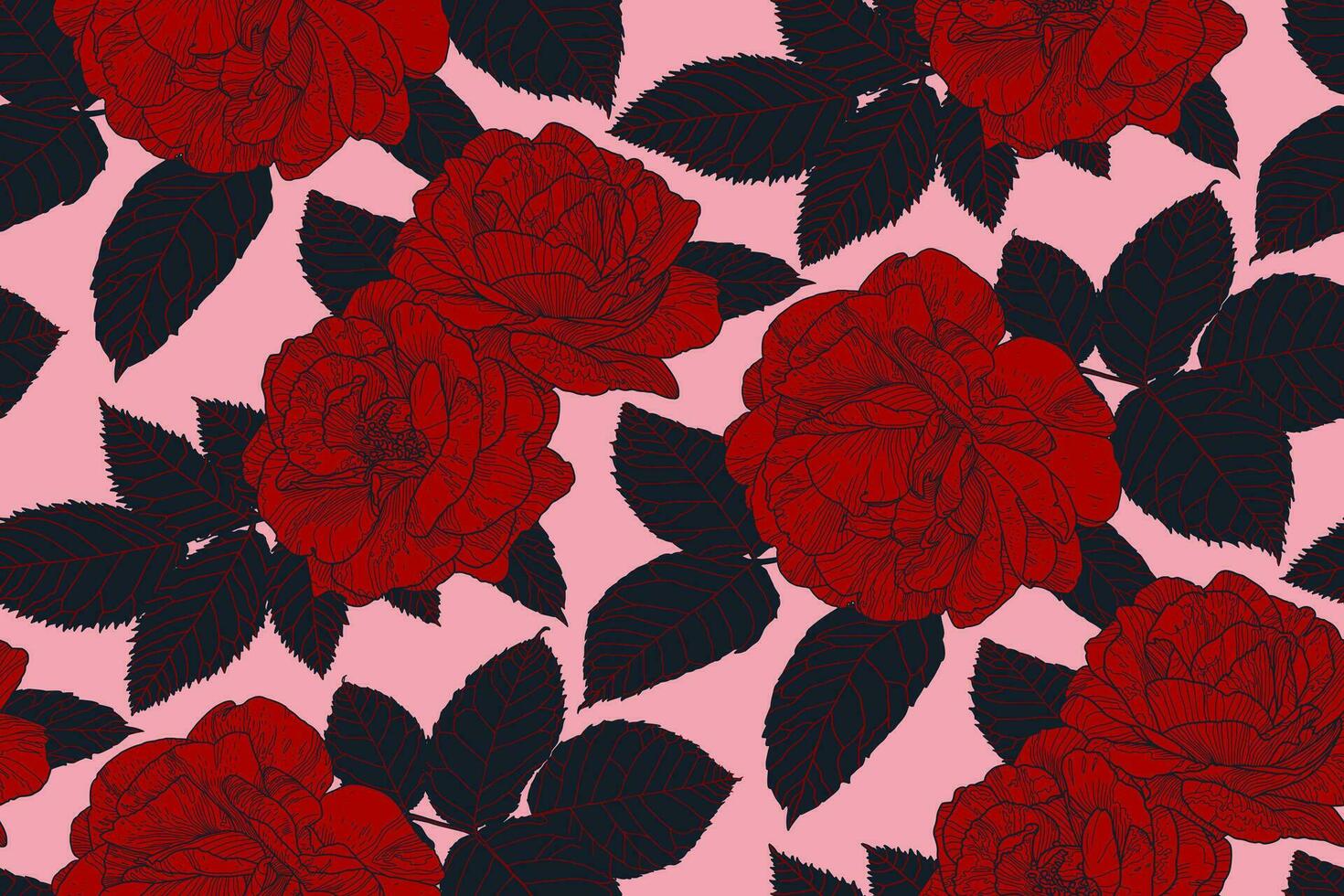 Floral repeating pattern of roses and leaves in black and red colors on pink backdrop. Hand drawn contour lines. Wallpaper design for textiles, paper, print, fashion, fabric, card background vector