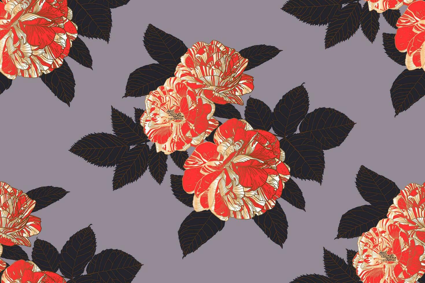 Floral repeating pattern of roses and leaves in dark grey, white and red colors with bronze outline on heliotrope grey. Wallpaper design for textile, paper, print, fashion, background, beauty product vector