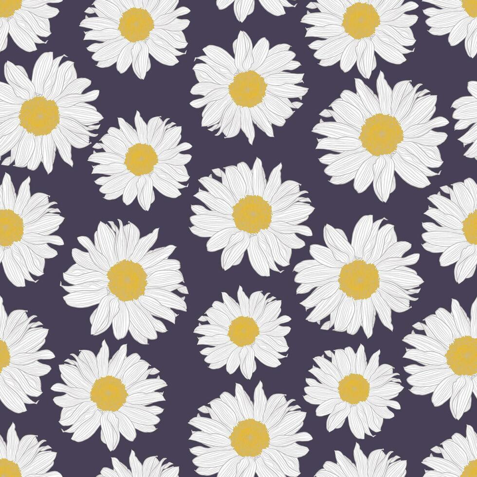 Vector seamless pattern of yellow and white chamomile flowers on violet background. Decorative print for wallpaper, wrapping, textile, fashion fabric or other printable covers.