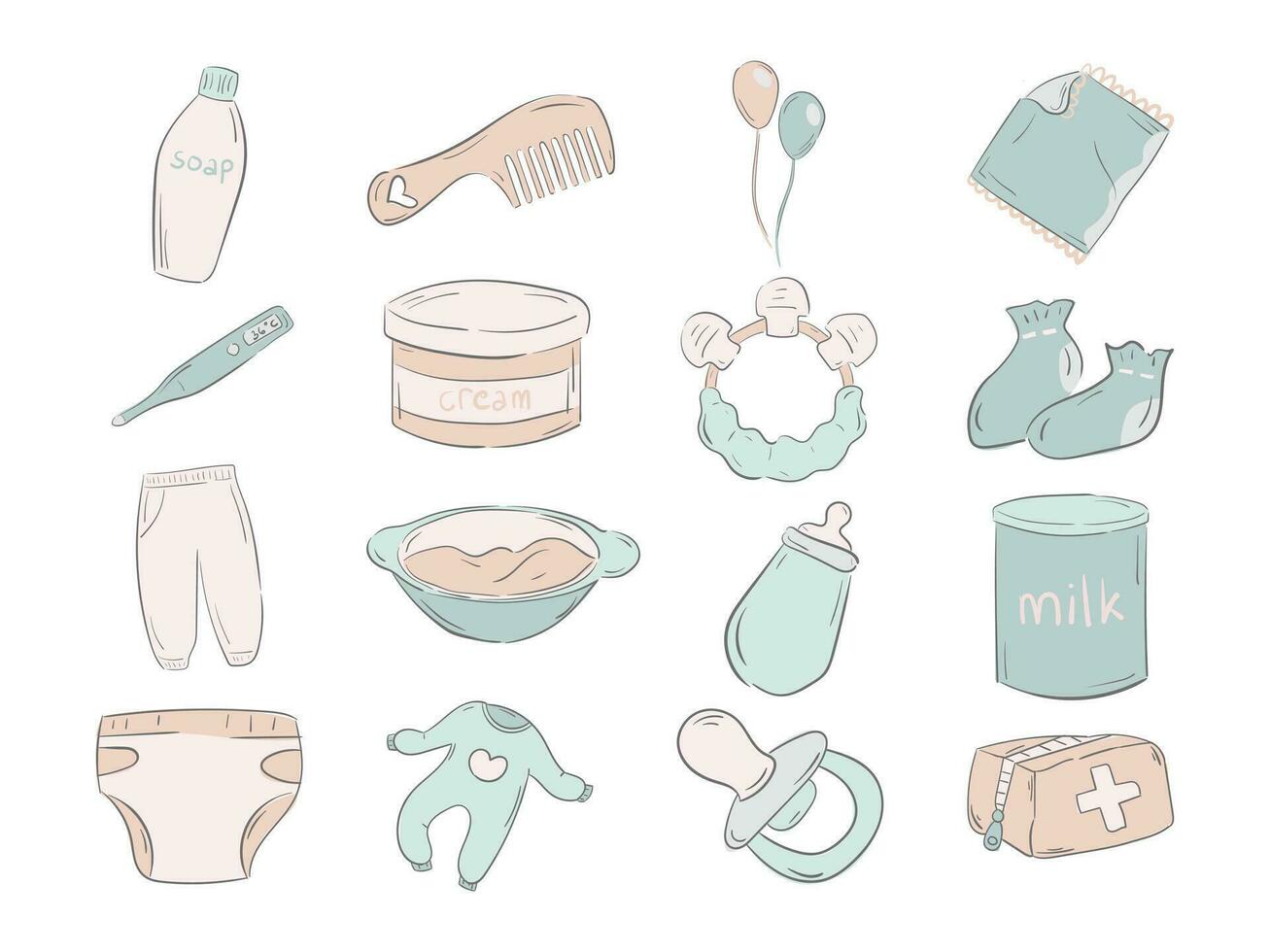 recién nacido suministros colección vector ilustración garabatear estilo pastel color