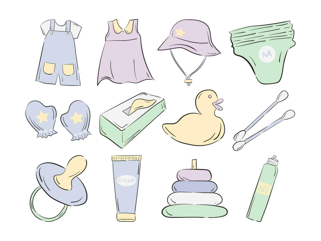 Cute baby and newborn equipment collection, Vector illustration doodle style