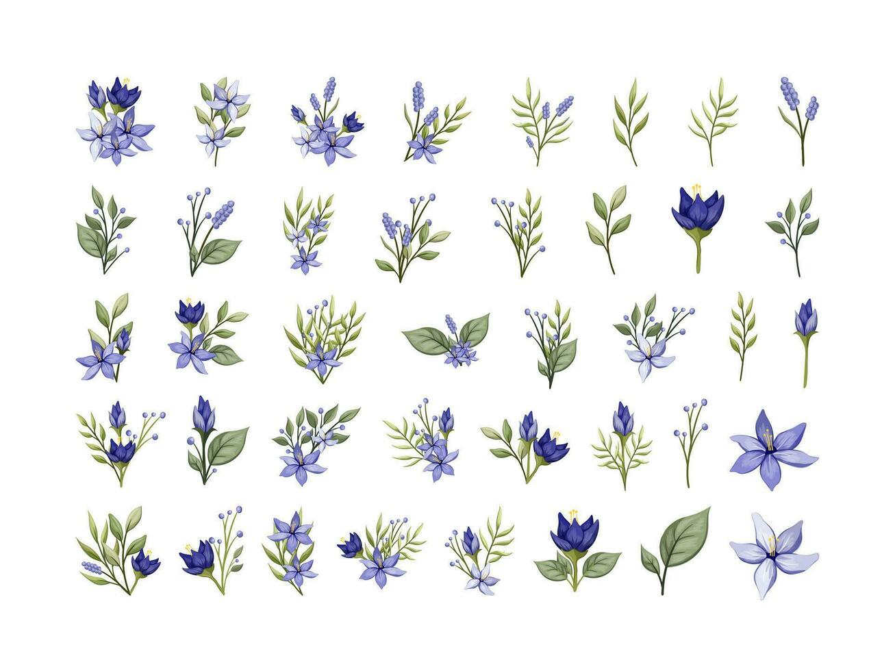 Blue Floral Wreaths Watercolor Style. Flower with Leaves Collection Vector Illustration on White Background.