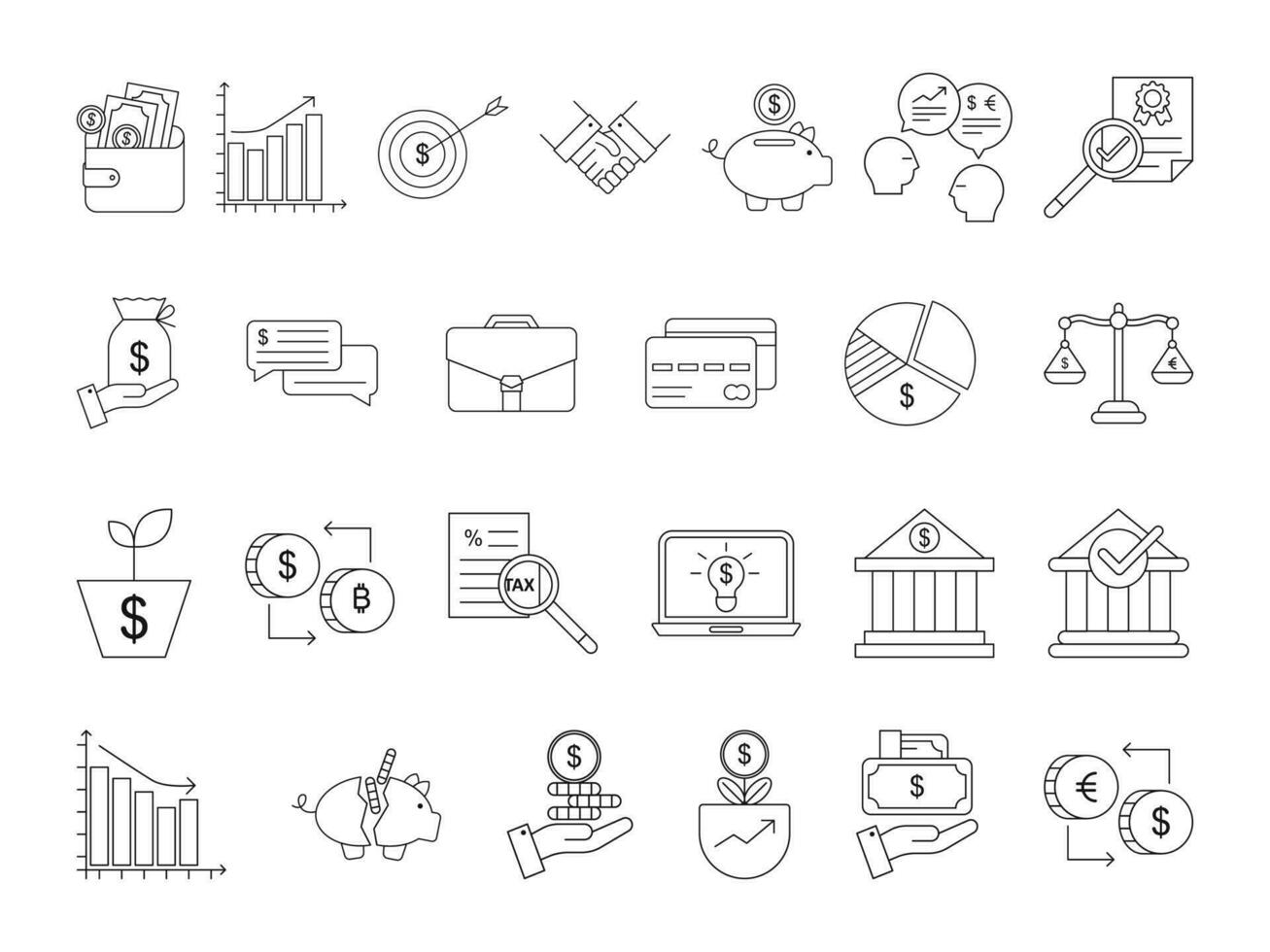 Banking and Finance Icon Pack Outline Style. Financial Vector Illustration Collection on a White Background.