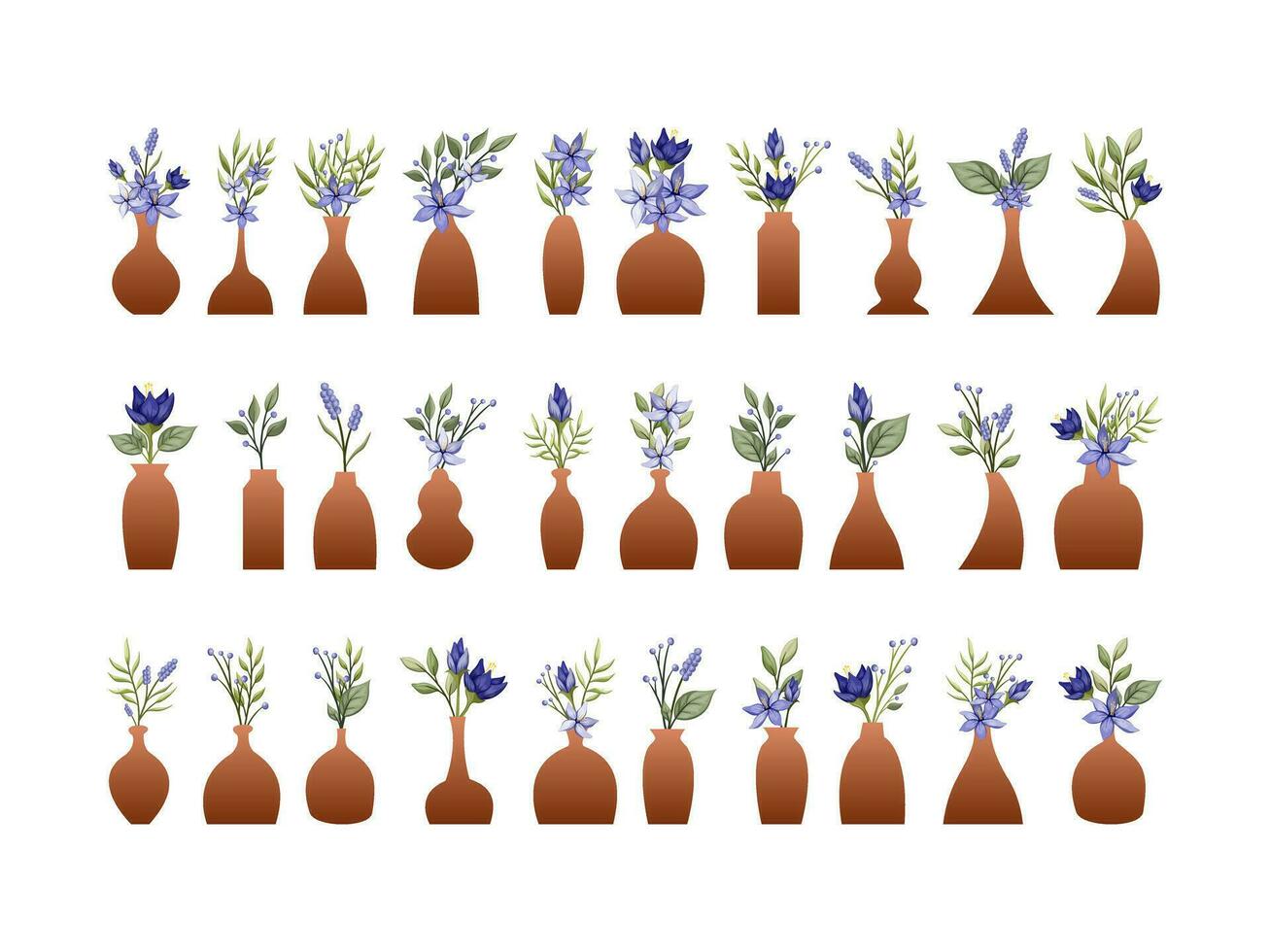 azul flor con florero. floral con hojas decoración colección vector ilustración en blanco antecedentes.