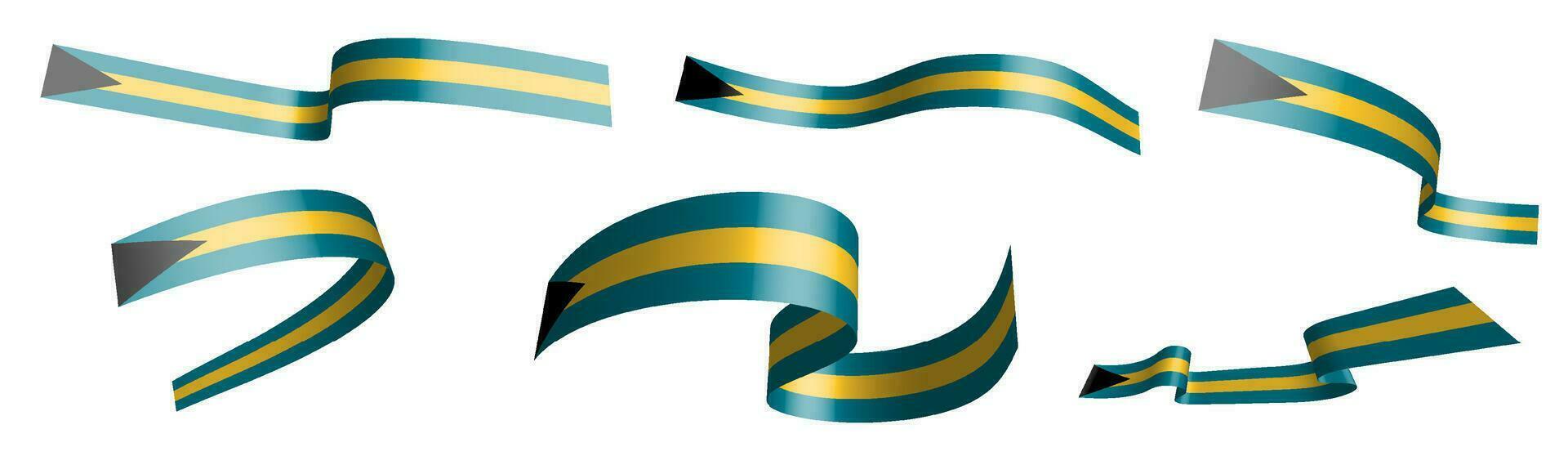 Set of holiday ribbons. Bahamas flag waving in wind. Separation into lower and upper layers. Design element. Vector on white background