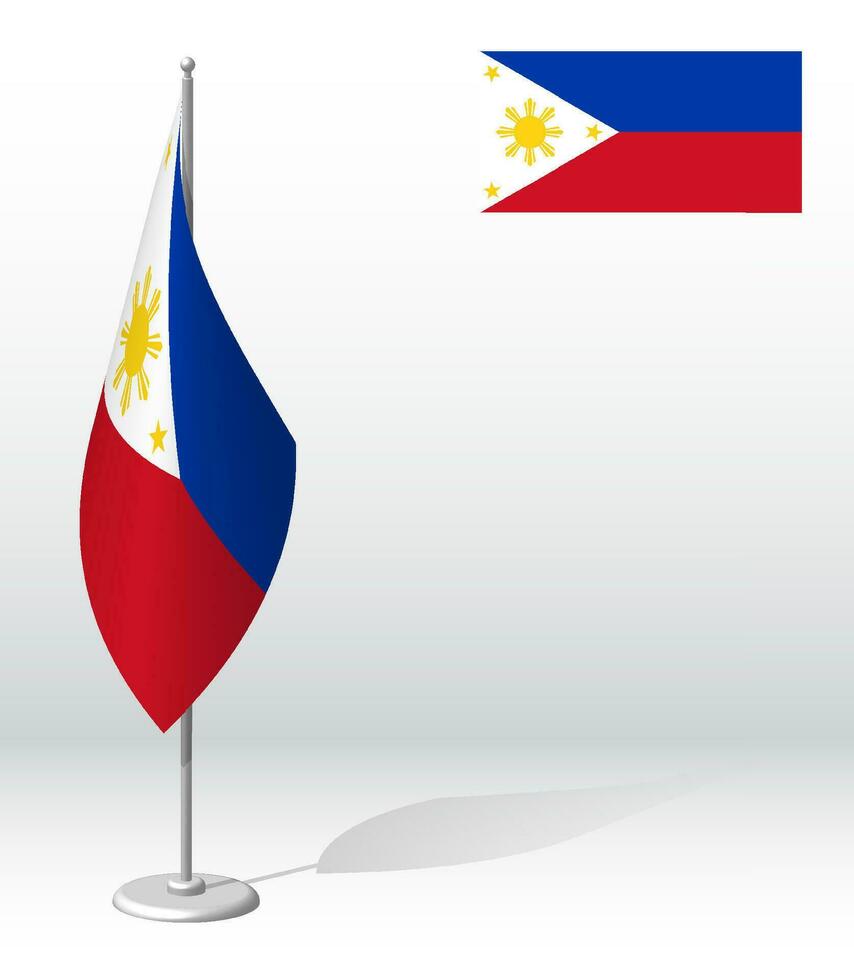 Flag of Republic of Philippines on flagpole for registration of solemn event, meeting foreign guests. National independence day of Russia. Realistic 3D vector on white