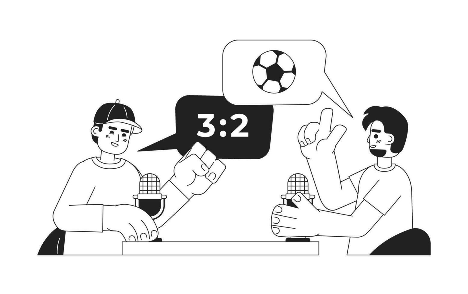 Soccer fans discussing match with microphones black and white 2D cartoon characters. Podcast sports announcers isolated vector outline people. Mic commentators monochromatic flat spot illustration