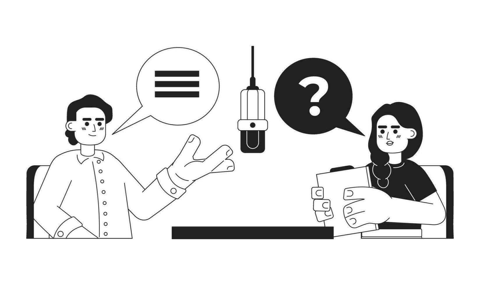 Female podcast host interviewing guest man black and white 2D cartoon characters. Questions asking podcasters indian isolated vector outline people. Radio show monochromatic flat spot illustration