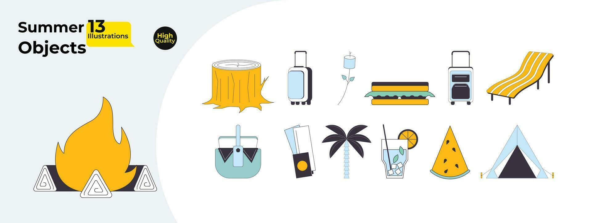 Fun summer 2D linear cartoon objects bundle. Campfire, luggage, camping tent, picnic basket isolated line vector elements white background. Tropical getaway color flat spot illustration collection