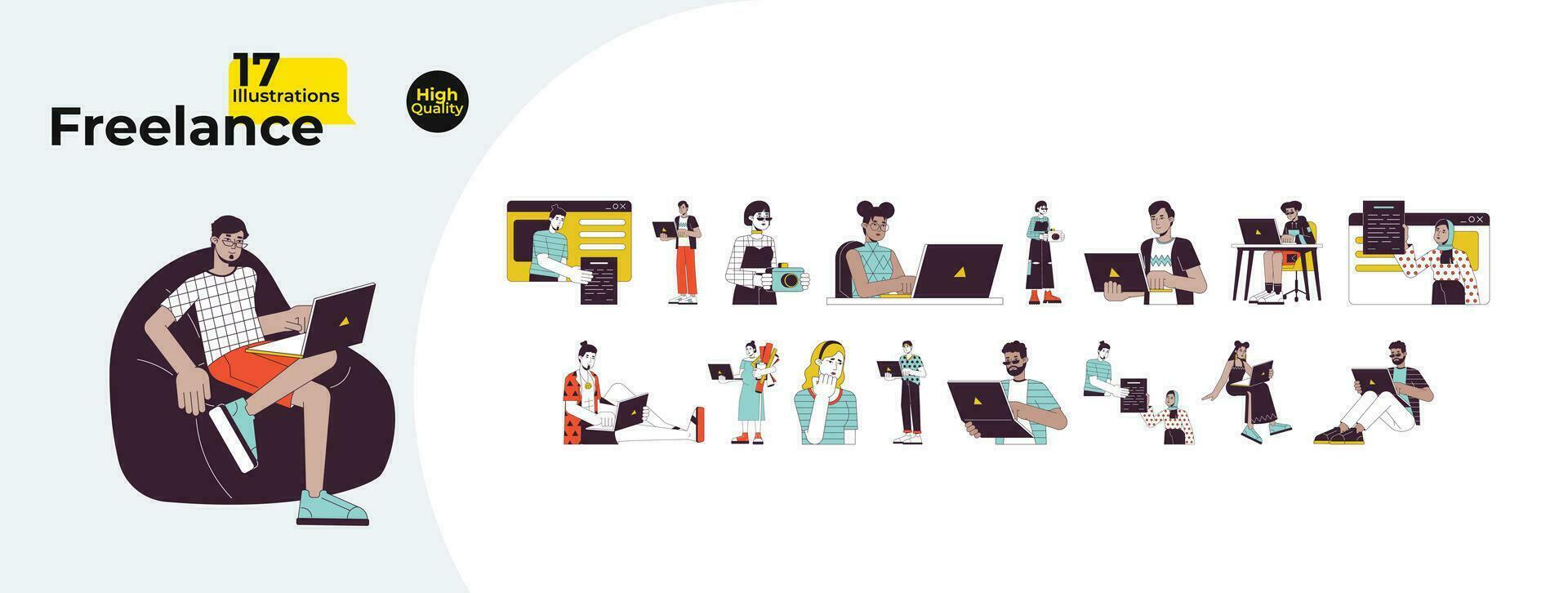 Diverse freelancers laptops line cartoon flat illustration bundle. Telecommuting adults multicultural 2D lineart characters isolated on white background. Teleworking vector color image collection