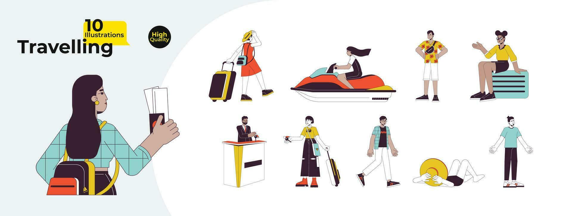 Multicultural tourists travelers line cartoon flat illustration bundle. Summer adventure people 2D lineart characters isolated on white background. Vacationers vector color image collection