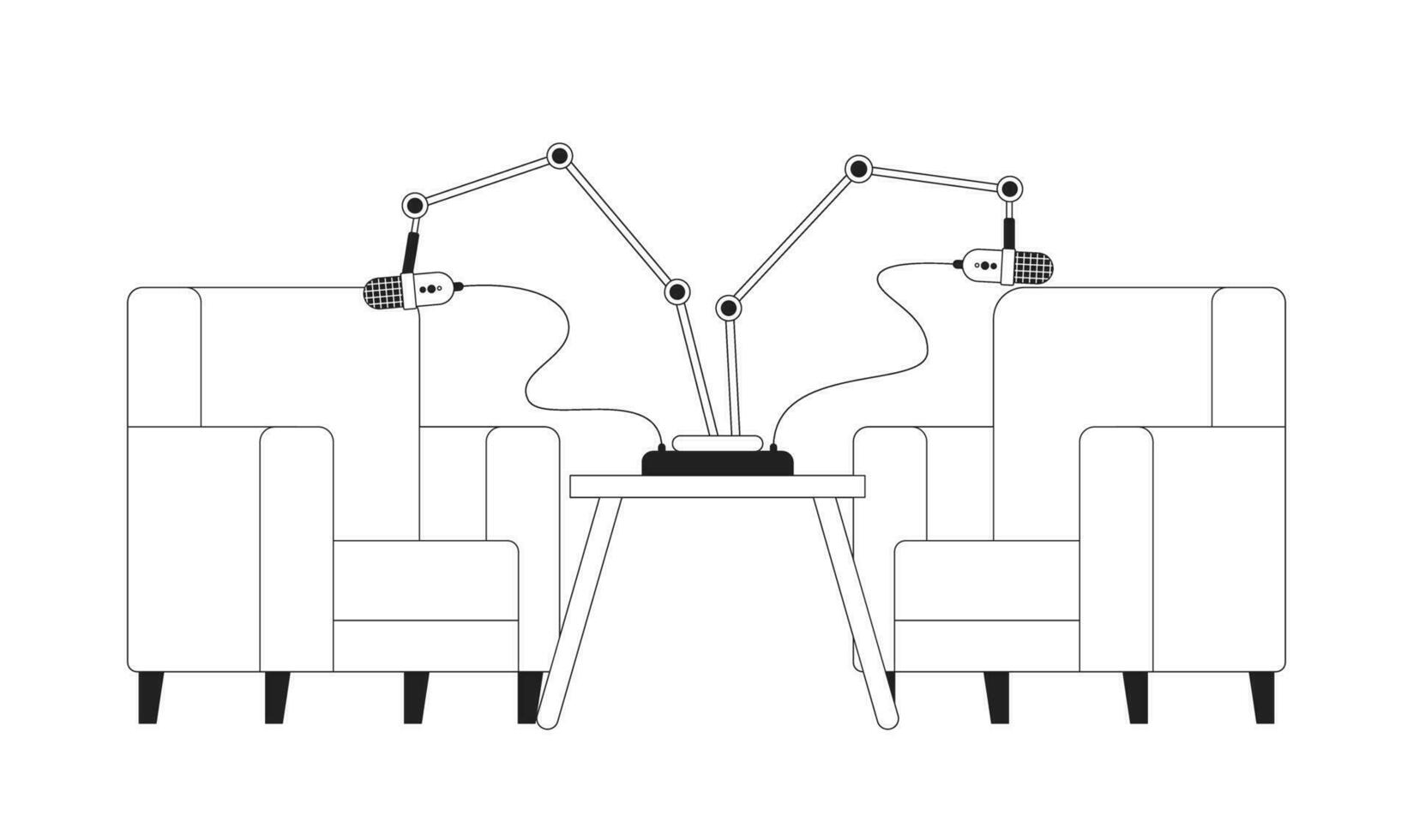 estudio grabación habitación negro y blanco 2d dibujos animados objeto. podcast micrófonos dos sillones aislado vector contorno artículo. profesional equipo interior monocromo plano Mancha ilustración