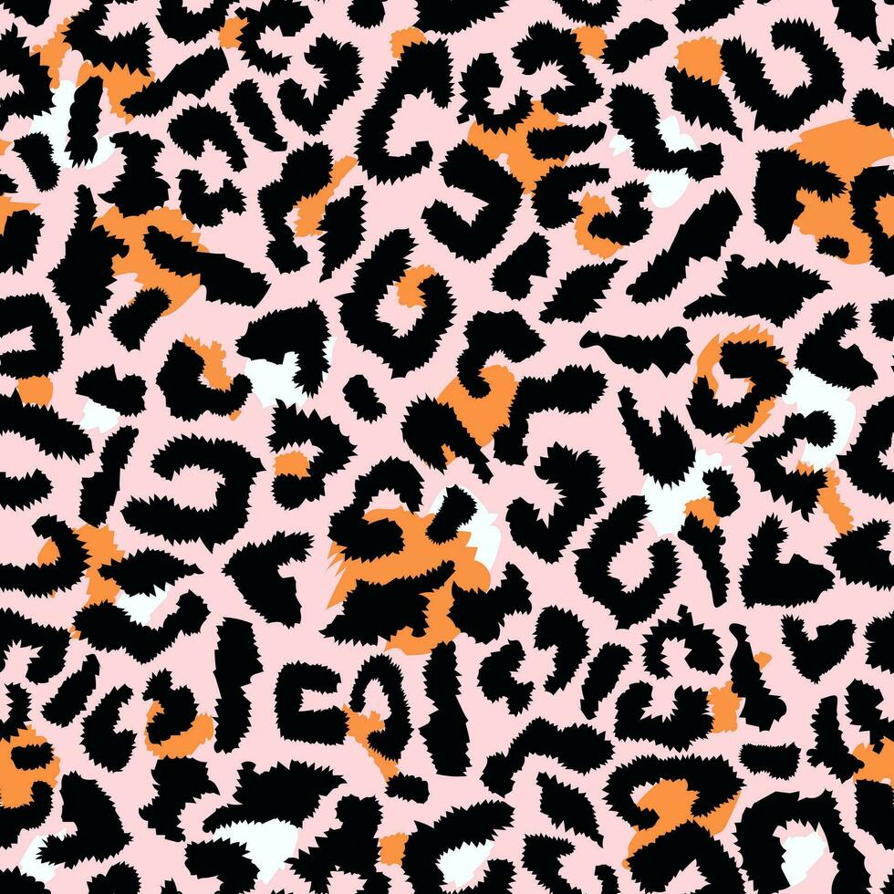 Vector seamless leopard pattern, black spots on a pink background. Fashionable background for fabric, paper, clothing. Animal pattern.