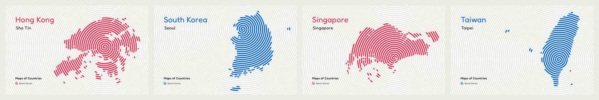 Creative set of Four Asian Tigers, South Korea, Hong Kong, Singapore, Taiwan. Capital. Tiger Cub Economies. World Countries vector maps. Spiral fingerprint series