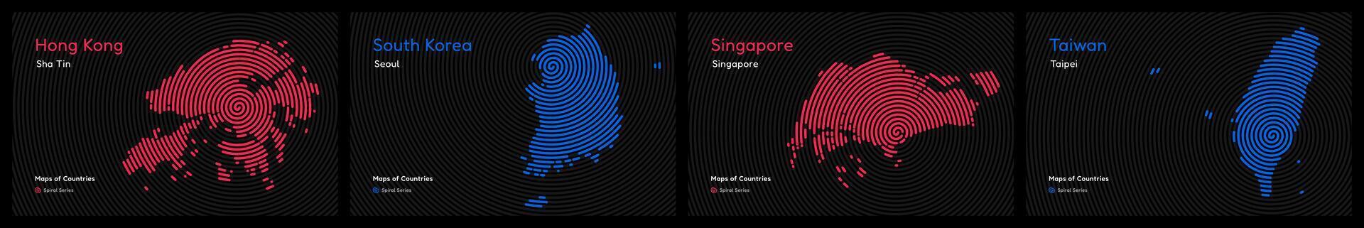 creativo conjunto de cuatro asiático tigres, sur Corea, hong kong, Singapur, taiwán capital. Tigre cachorro economías. mundo países vector mapas espiral huella dactilar serie