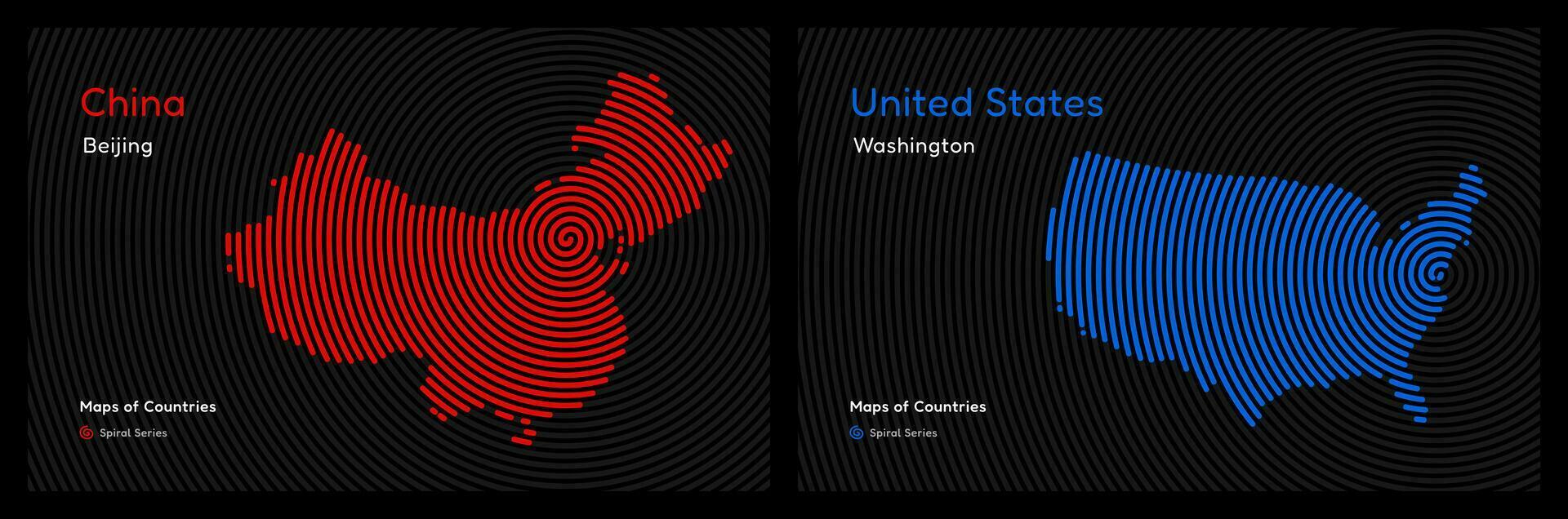 dos mapas de porcelana, EE.UU. político mapa. Washington corriente continua, Beijing. capital. mundo países vector mapas serie. espiral huella dactilar serie