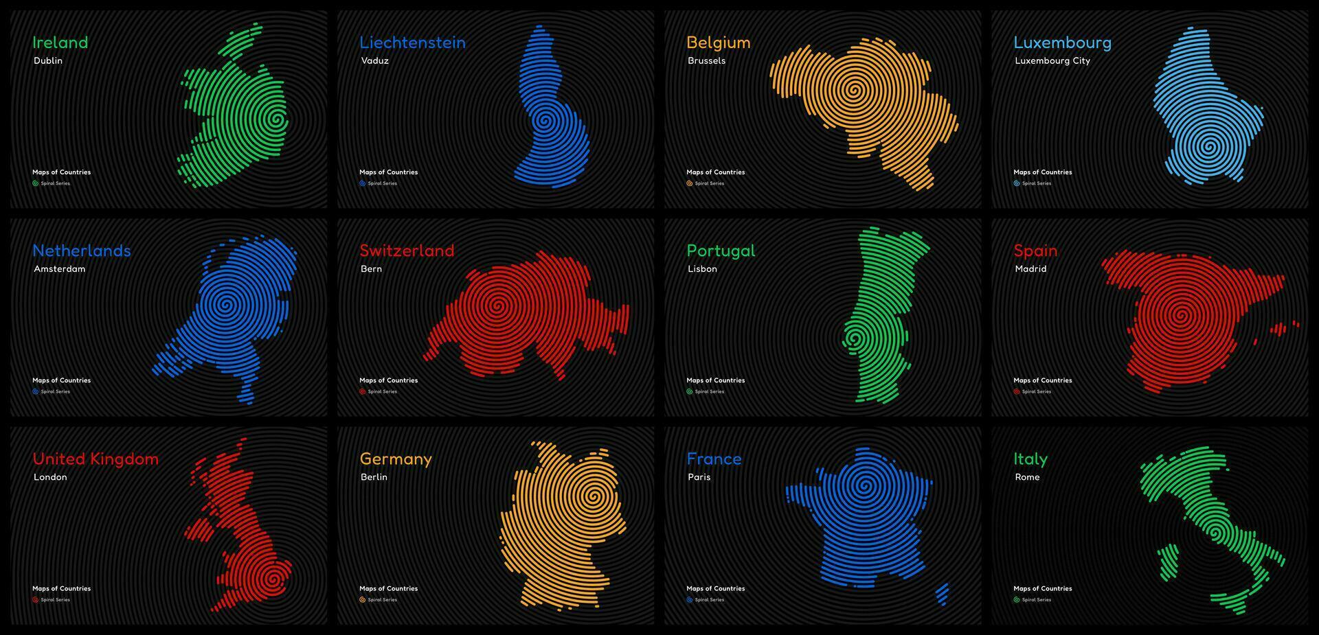 occidental europeo países colocar. Irlanda, España, Portugal, Italia, Bélgica, Francia, luxemburgo, Países Bajos, Suiza, Reino Unido, liechtenstein, Alemania. mundo países mapas espiral huella dactilar serie vector