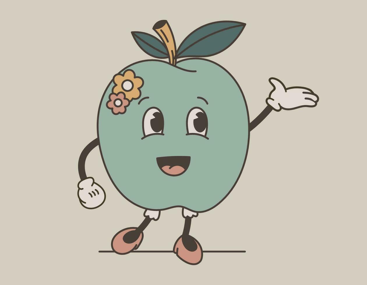 Funny groovy retro fruit character. Cool joyful green apple girl in shoes. Vector isolated illustration, old cartoon style.