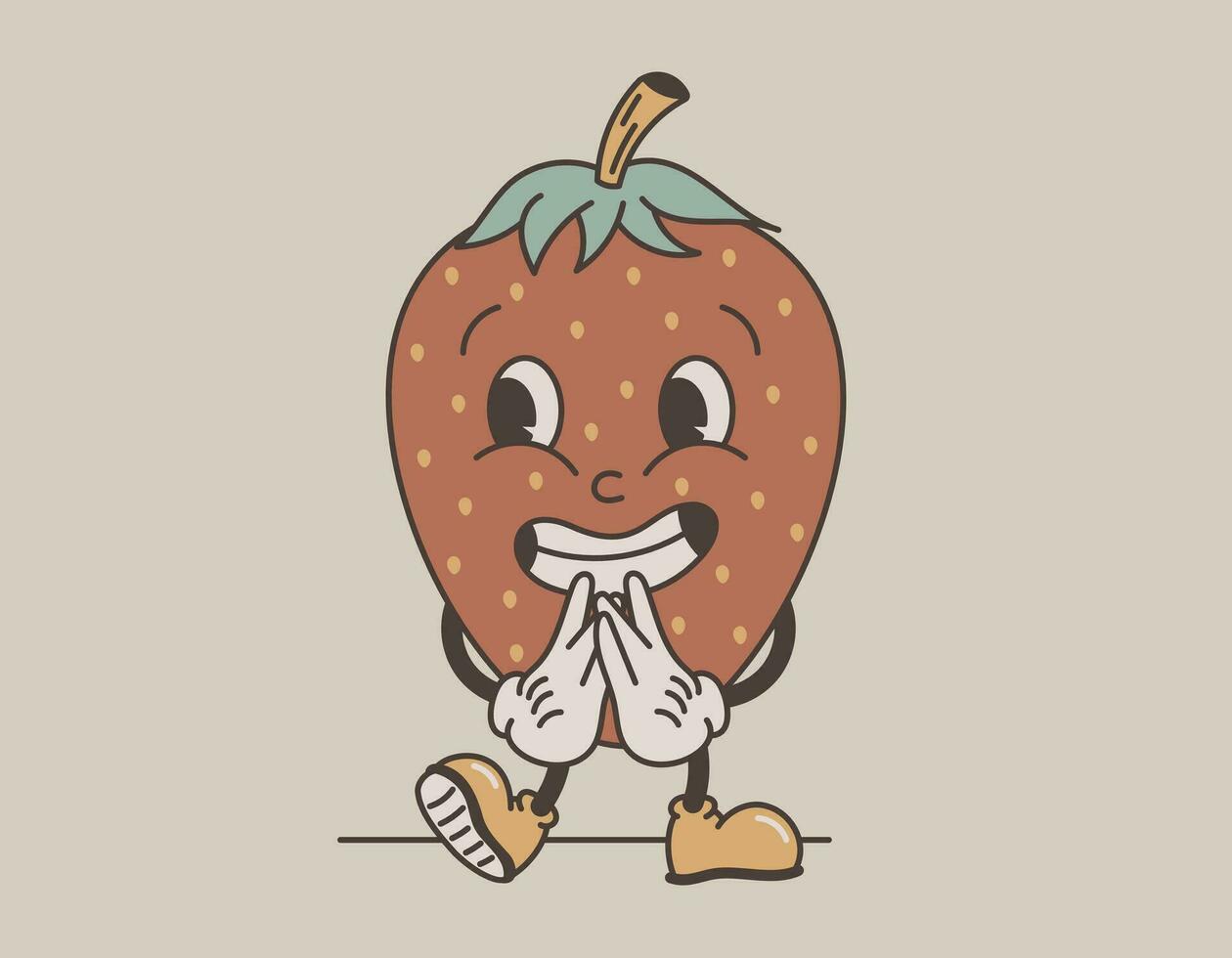 Funny retro groovy fruit character. Vector isolated excited smiling strawberry berry, old cartoon style.