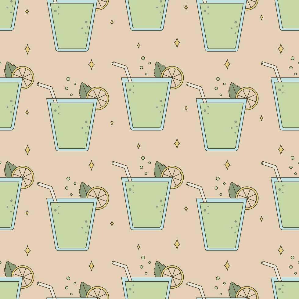Glass with lemonade or cocktail, drinking straw. Vector seamless groovy pattern, retro old cartoon style.