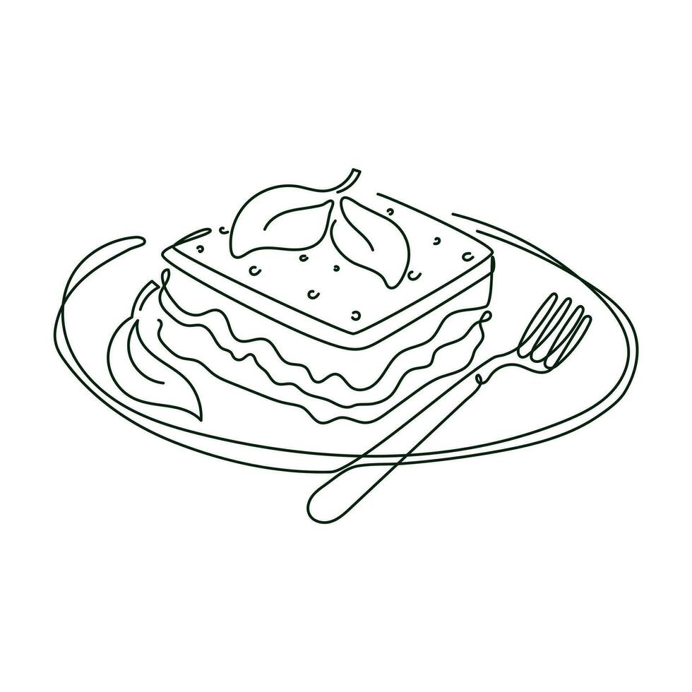 Lasagna on a plate with fork and spinach leaf, vector isolated line art illustration of italian food.